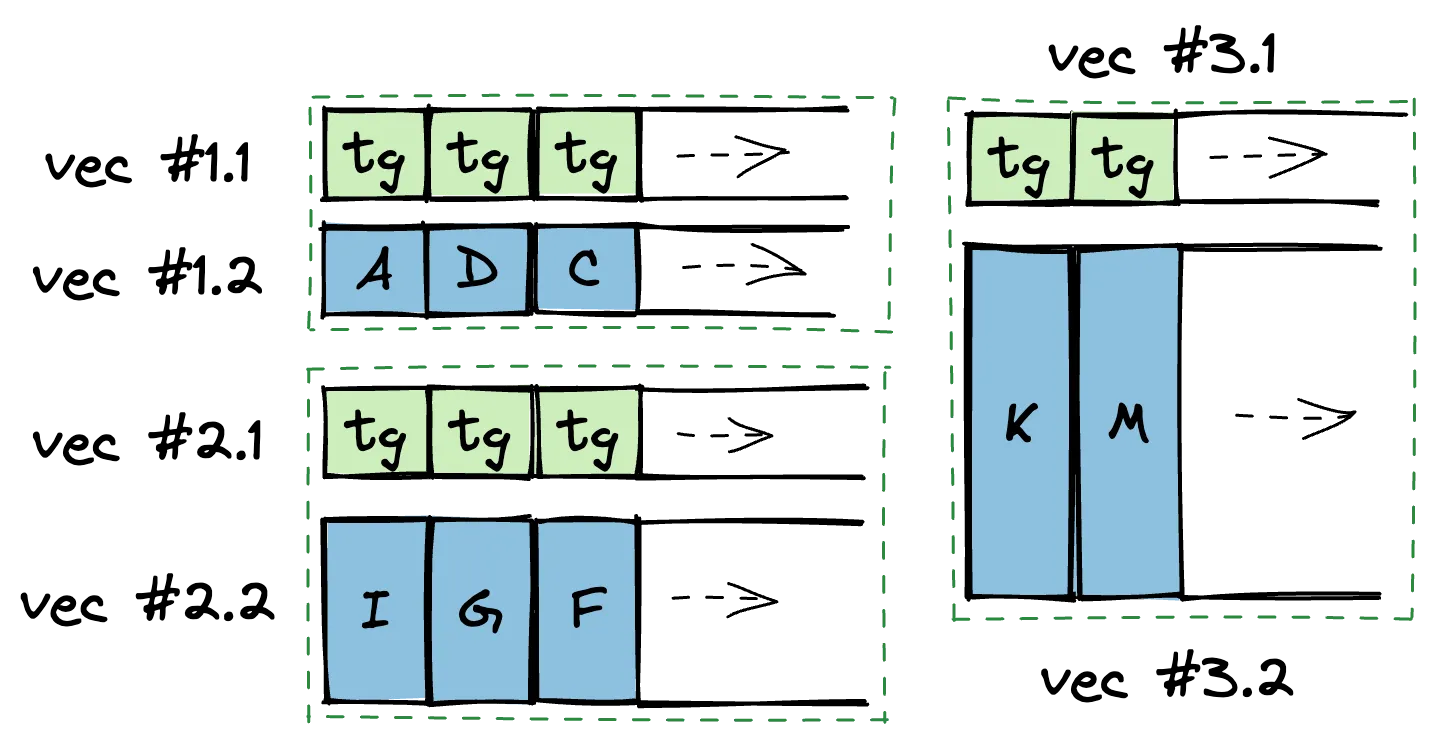 Dense AoVA layout, with tag and per-cluster SoA transformation